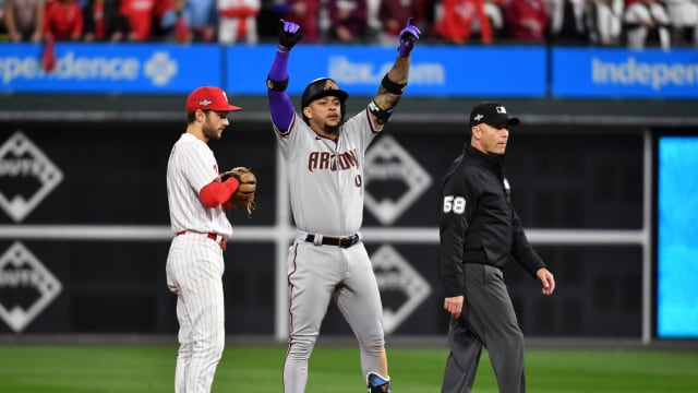 Arizona Diamondbacks second baseman Ketel Marte reacts after hitting a double against the Philadelphia Phillies in the seventh inning during the DBacks' 4-2 NLCS Game 7 win over the Philadelphia Phillies Tuesday night at Citizens Bank Park.